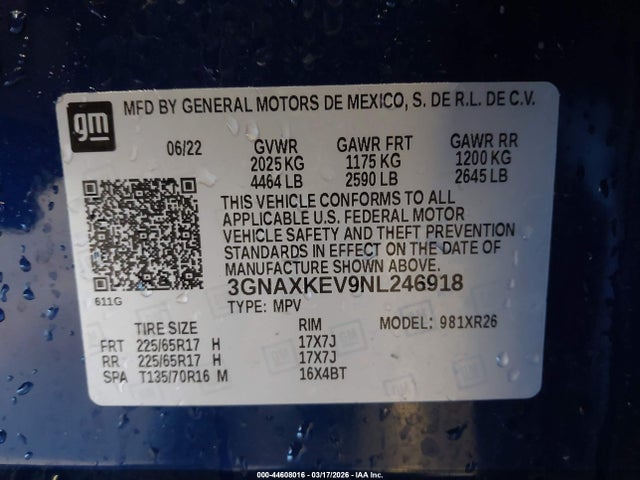 Aukcja sprzedaży 2022 Chevrolet Equinox Fwd Lt, vin: 3GNAXKEV9NL246918, numer aukcji: 44608016