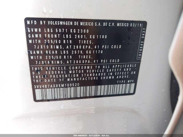 44608035 :رقم المزاد ، 3VV4B7AX8KM109520 vin ، 2019 Volkswagen Tiguan 2.0t Sel Premium/2.0t Sel Premium R-line مزاد بيع
