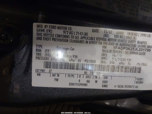 1FADP3K25JL231799 Ford FOCUS SE