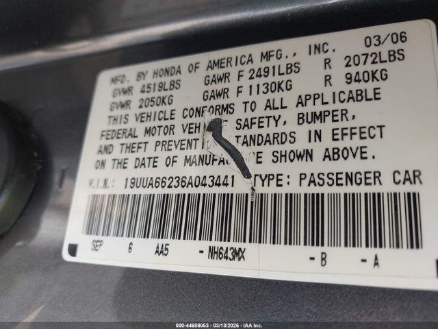 Продажа на аукционе авто 2006 Acura Tl, vin: 19UUA66236A043441, номер лота: 44608053