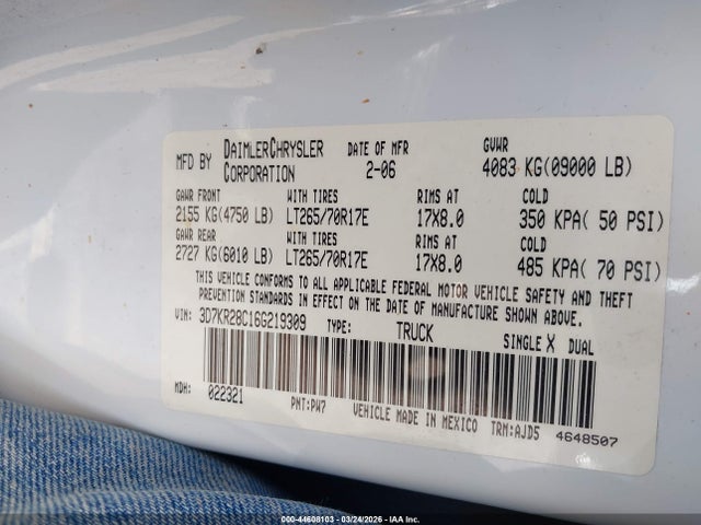 Продаж на аукціоні авто 2006 Dodge Ram 2500 Slt/sport, vin: 3D7KR28C16G219309, номер лоту: 44608103