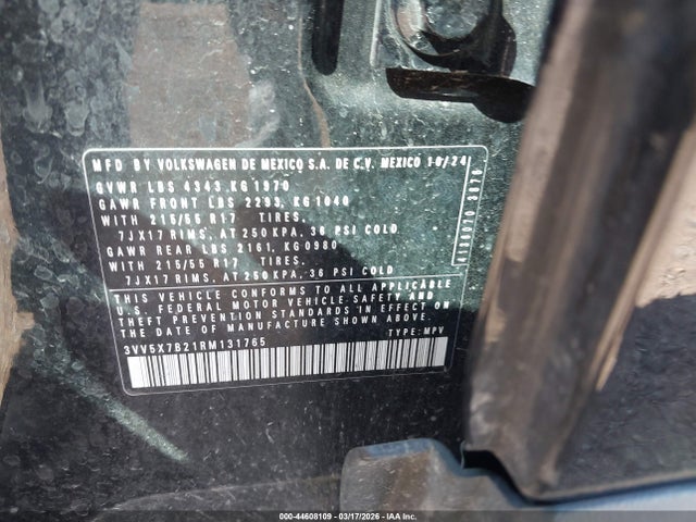 2024 Volkswagen Taos 1.5t S მანქანა იყიდება აუქციონზე, vin: 3VV5X7B21RM131765, აუქციონის ნომერი: 44608109