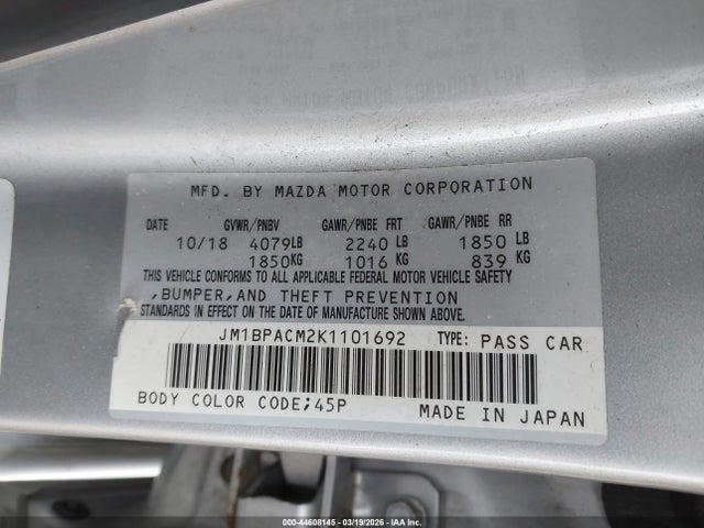 Продаж на аукціоні авто 2019 Mazda Mazda3 Preferred Package/select Package, vin: JM1BPACM2K1101692, номер лоту: 44608145