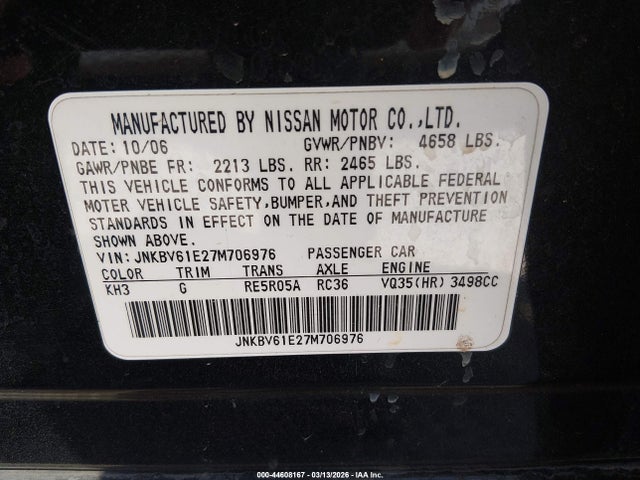 44608167 :رقم المزاد ، JNKBV61E27M706976 vin ، 2007 Infiniti G35 Journey مزاد بيع