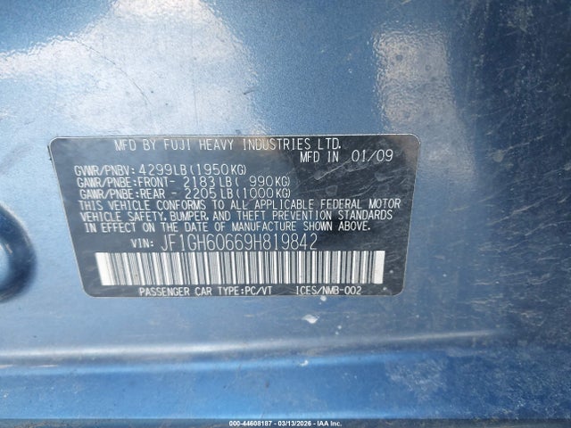 2009 Subaru Impreza 2.5i მანქანა იყიდება აუქციონზე, vin: JF1GH60669H819842, აუქციონის ნომერი: 44608187