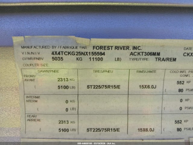 44608188 :رقم المزاد ، 4X4TCKG25NX155594 vin ، 2022 Forest River Other مزاد بيع
