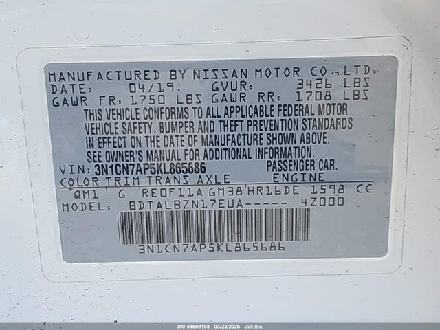 Aukcja sprzedaży 2019 Nissan Versa 1.6 Sv, vin: 3N1CN7AP5KL865686, numer aukcji: 44608193