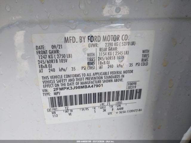 Продаж на аукціоні авто 2021 Ford Edge Sel, vin: 2FMPK3J98MBA47901, номер лоту: 44608199