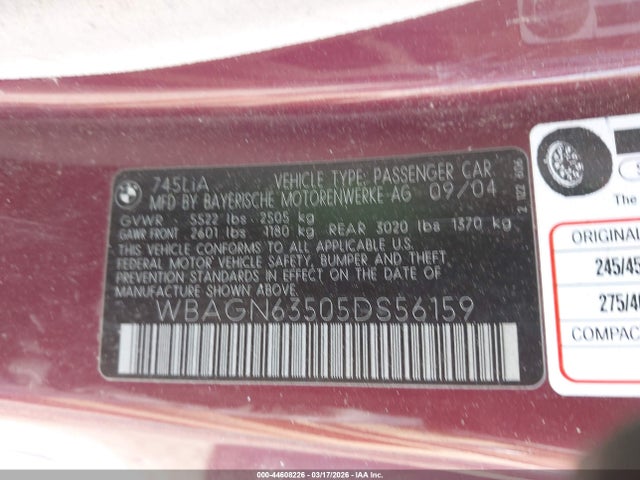 44608226 :رقم المزاد ، WBAGN63505DS56159 vin ، 2005 Bmw 745li مزاد بيع