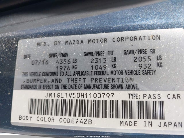 44608239 :رقم المزاد ، JM1GL1V50H1100797 vin ، 2017 Mazda Mazda6 Touring مزاد بيع