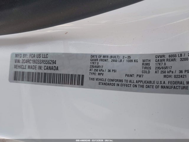 Aukcja sprzedaży 2025 Chrysler Pacifica Select, vin: 2C4RC1BG5SR556294, numer aukcji: 44608249
