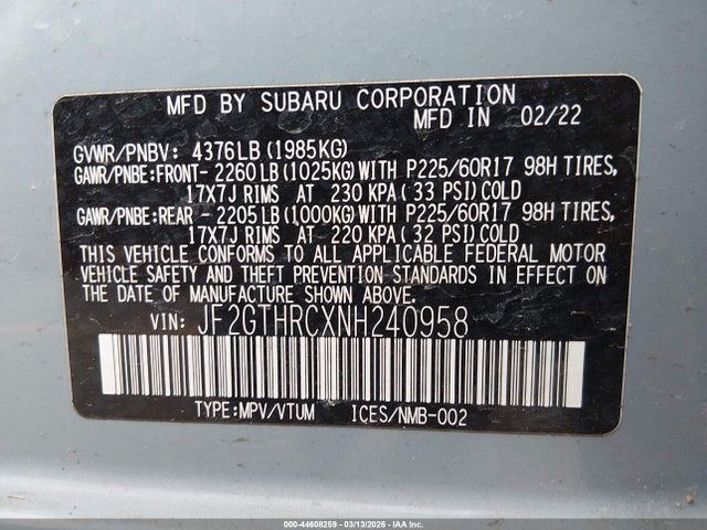 Продаж на аукціоні авто 2022 Subaru Crosstrek Sport, vin: JF2GTHRCXNH240958, номер лоту: 44608259