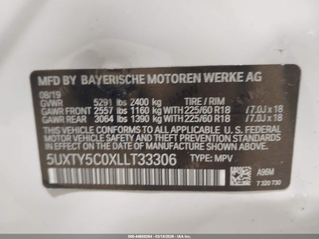 Продаж на аукціоні авто 2020 Bmw X3 Xdrive30i, vin: 5UXTY5C0XLLT33306, номер лоту: 44608264