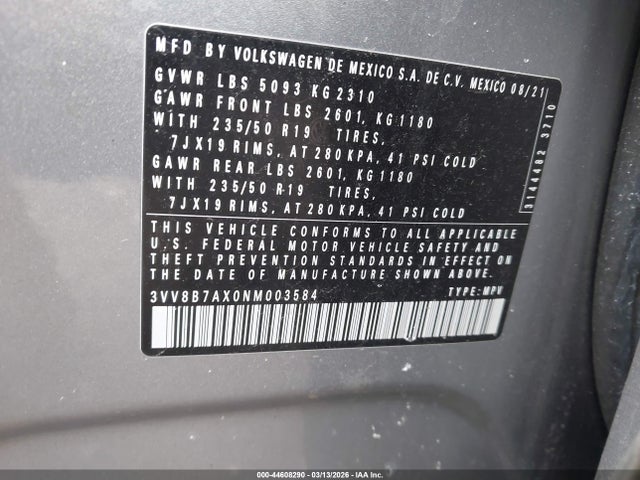 Aukcja sprzedaży 2022 Volkswagen Tiguan 2.0t Se R-line Black, vin: 3VV8B7AX0NM003584, numer aukcji: 44608290