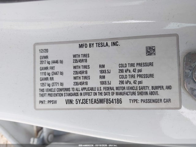 2021 Tesla Model 3 Standard Range Plus Rear-wheel Drive მანქანა იყიდება აუქციონზე, vin: 5YJ3E1EA5MF854186, აუქციონის ნომერი: 44608336