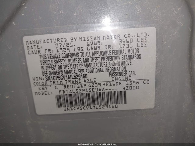 Продаж на аукціоні авто 2021 Nissan Kicks Sv Xtronic Cvt, vin: 3N1CP5CV1ML529160, номер лоту: 44608346