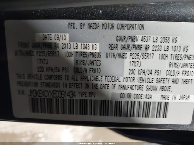 44608349 :رقم المزاد ، JM3KE4CYXE0391434 vin ، 2014 Mazda Cx-5 Touring مزاد بيع