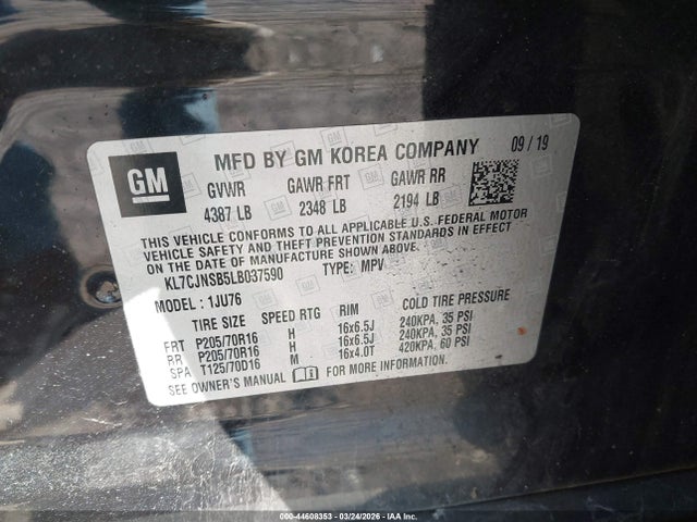Продаж на аукціоні авто 2020 Chevrolet Trax Awd Ls, vin: KL7CJNSB5LB037590, номер лоту: 44608353