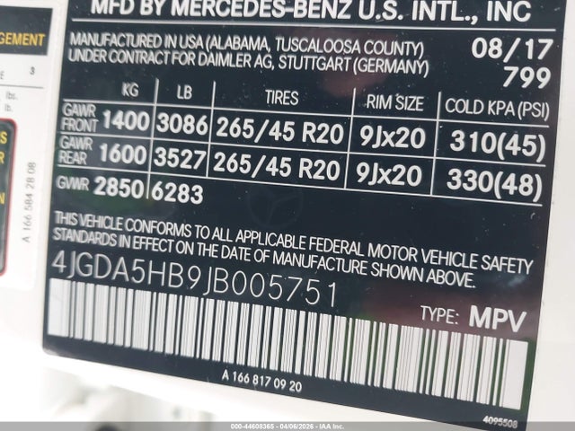 Продажа на аукционе авто 2018 Mercedes-benz Gle 350 4matic, vin: 4JGDA5HB9JB005751, номер лота: 44608365