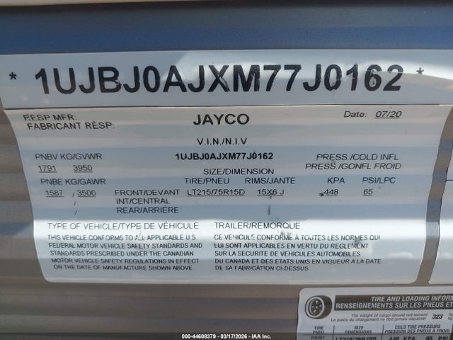 1UJBJ0AJXM77J0162 Jayco Jay Flight