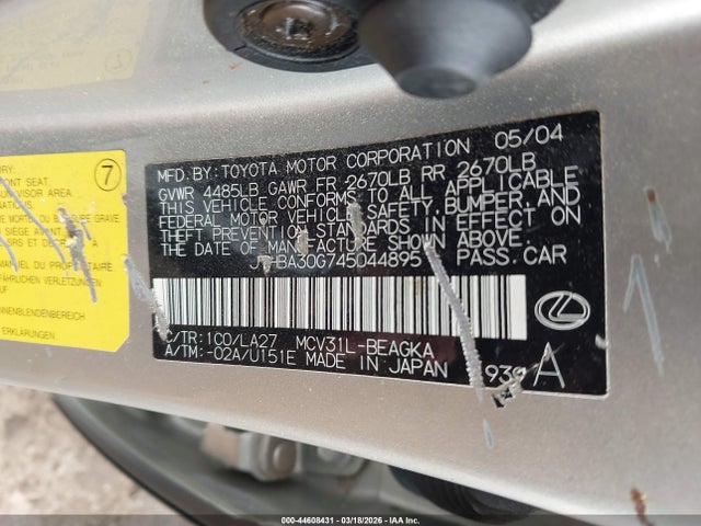 Aukcja sprzedaży 2004 Lexus Es 330, vin: JTHBA30G745044895, numer aukcji: 44608431