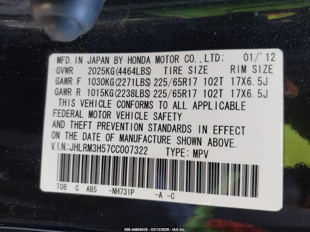 Aukcja sprzedaży 2012 Honda Cr-v Ex, vin: JHLRM3H57CC007322, numer aukcji: 44608435