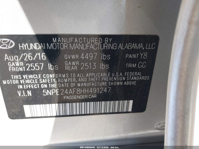 5NPE24AF8HH491247 Hyundai Sonata