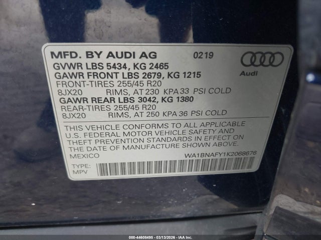2019 Audi Q5 45 Premium მანქანა იყიდება აუქციონზე, vin: WA1BNAFY1K2068676, აუქციონის ნომერი: 44608495