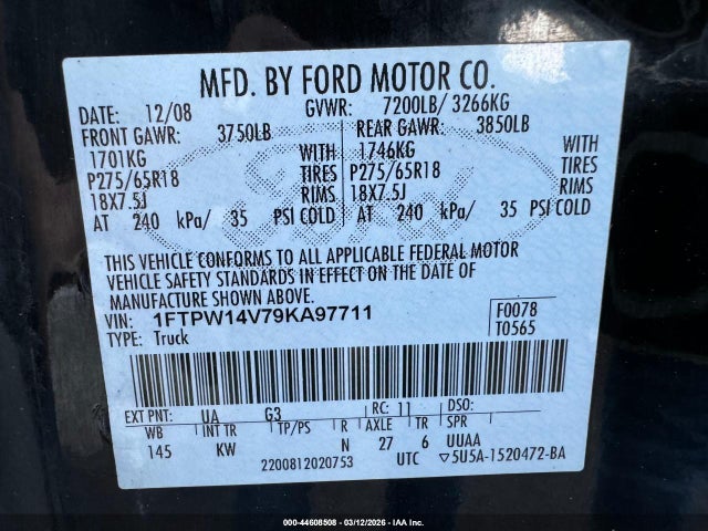 Aukcja sprzedaży 2009 Ford F-150 Fx4/king Ranch/lariat/platinum/xl/xlt, vin: 1FTPW14V79KA97711, numer aukcji: 44608508