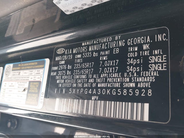 Aukcja sprzedaży 2019 Kia Sorento 2.4l L, vin: 5XYPG4A30KG585928, numer aukcji: 44608517