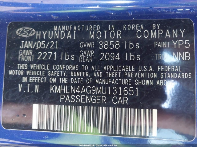 Aukcja sprzedaży 2021 Hyundai Elantra Sel, vin: KMHLN4AG9MU131651, numer aukcji: 44608524