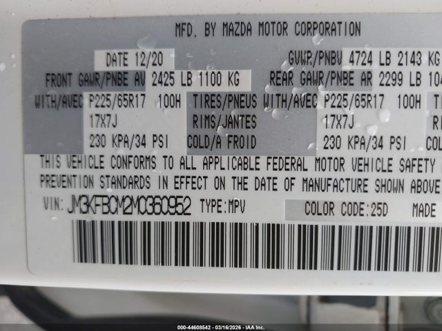 44608542 :رقم المزاد ، JM3KFBCM2M0360952 vin ، 2021 Mazda Cx-5 Touring مزاد بيع