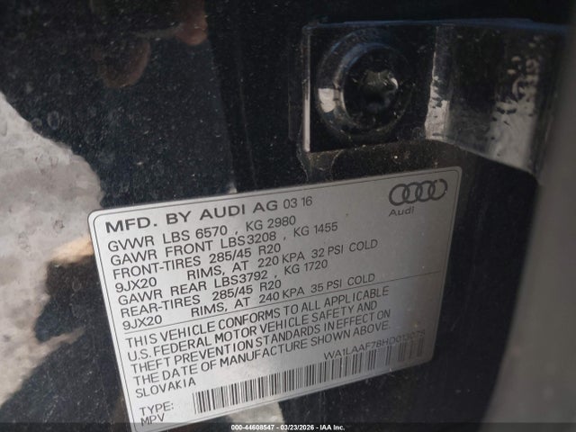 Продажа на аукционе авто 2017 Audi Q7 3.0t Premium, vin: WA1LAAF78HD013078, номер лота: 44608547