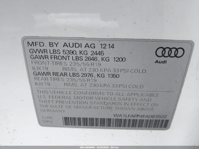 44608565 :رقم المزاد ، WA1LFAFP4FA083502 vin ، 2015 Audi Q5 2.0t Premium مزاد بيع
