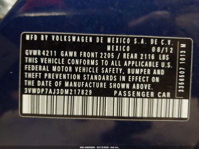 Aukcja sprzedaży 2013 Volkswagen Jetta 2.5l Se, vin: 3VWDP7AJ3DM217829, numer aukcji: 44608588