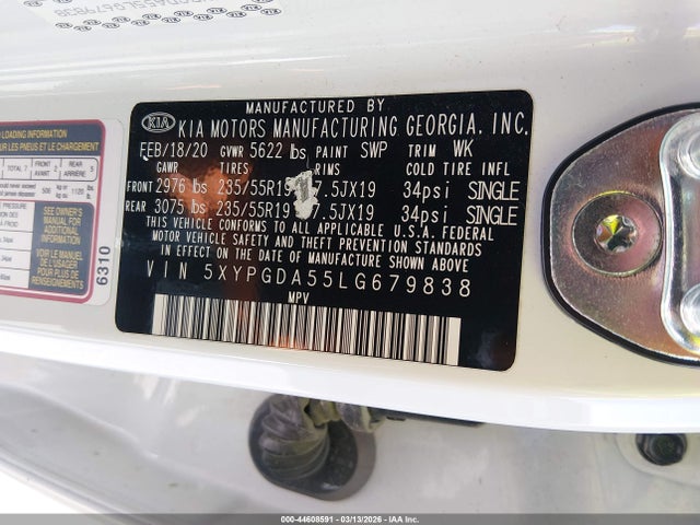 44608591 :رقم المزاد ، 5XYPGDA55LG679838 vin ، 2020 Kia Sorento 3.3l S مزاد بيع