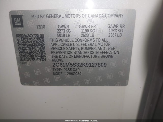 44608601 :رقم المزاد ، 2G61M5S32K9127809 vin ، 2019 Cadillac Xts Luxury مزاد بيع