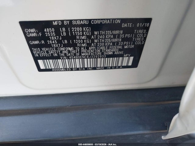 Aukcja sprzedaży 2018 Subaru Outback 3.6r Limited, vin: 4S4BSENC8J3292933, numer aukcji: 44608608