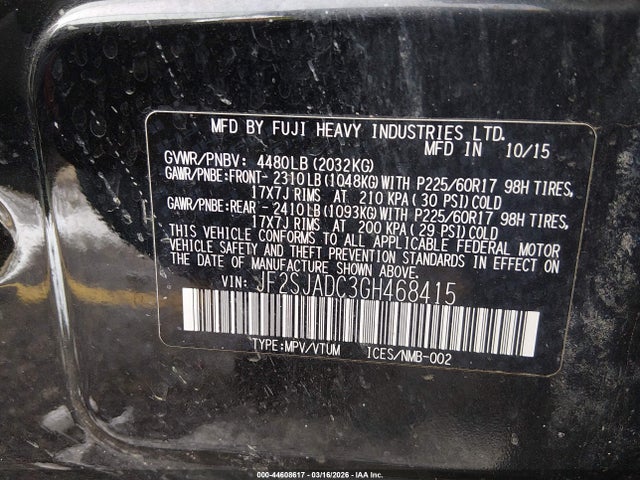 Продаж на аукціоні авто 2016 Subaru Forester 2.5i Premium, vin: JF2SJADC3GH468415, номер лоту: 44608617