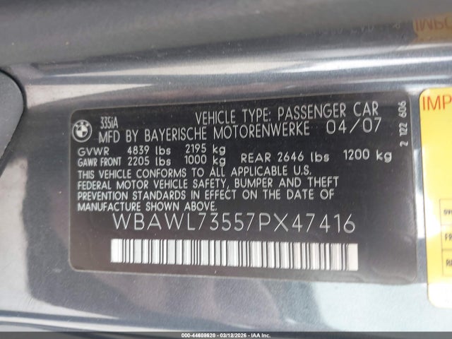Продаж на аукціоні авто 2007 Bmw 335i, vin: WBAWL73557PX47416, номер лоту: 44608620