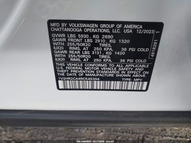 Продаж на аукціоні авто 2024 Volkswagen Atlas 2.0t Se W/technology, vin: 1V2HR2CA4RC545394, номер лоту: 44608624