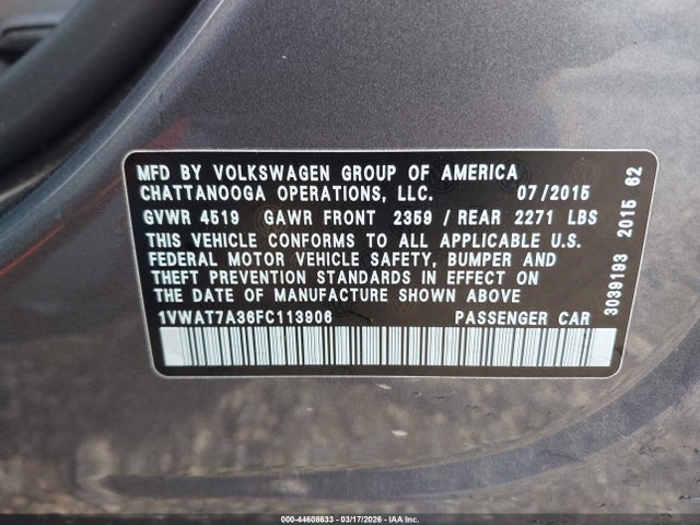 Продаж на аукціоні авто 2015 Volkswagen Passat 1.8t Limited Edition, vin: 1VWAT7A36FC113906, номер лоту: 44608633