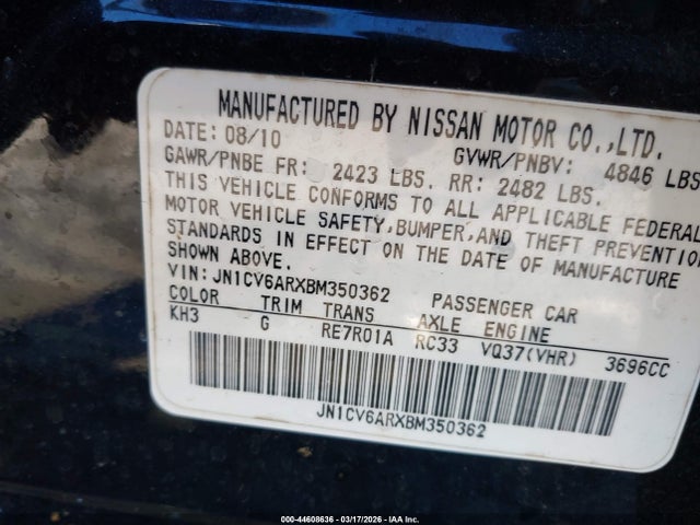 2011 Infiniti G37x მანქანა იყიდება აუქციონზე, vin: JN1CV6ARXBM350362, აუქციონის ნომერი: 44608636