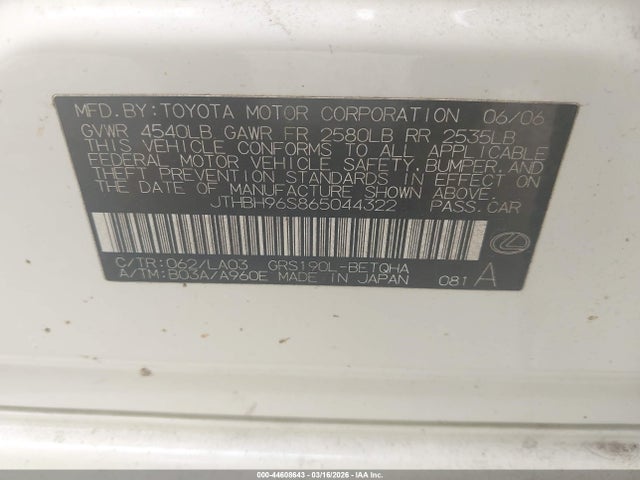 44608643 :رقم المزاد ، JTHBH96S865044322 vin ، 2006 Lexus Gs 300 مزاد بيع