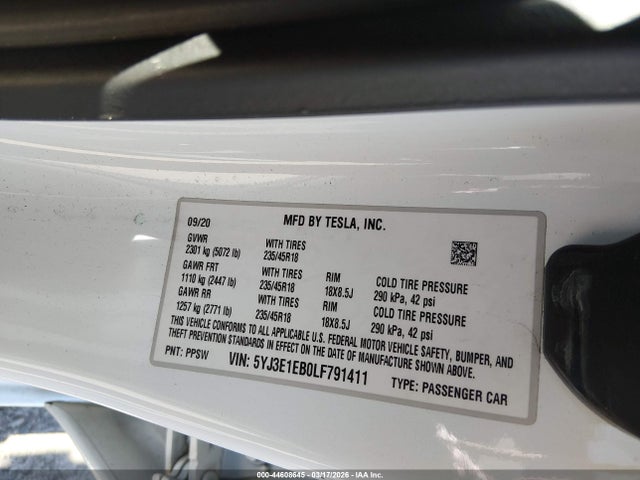 5YJ3E1EB0LF791411 Tesla Model 3 Long Range Dual Motor All-wheel Drive