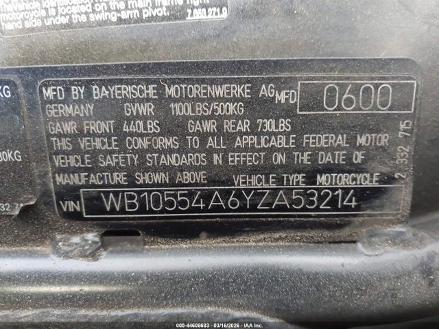 Продажа на аукционе авто 2000 Bmw K1200 Rs, vin: WB10554A6YZA53214, номер лота: 44608683