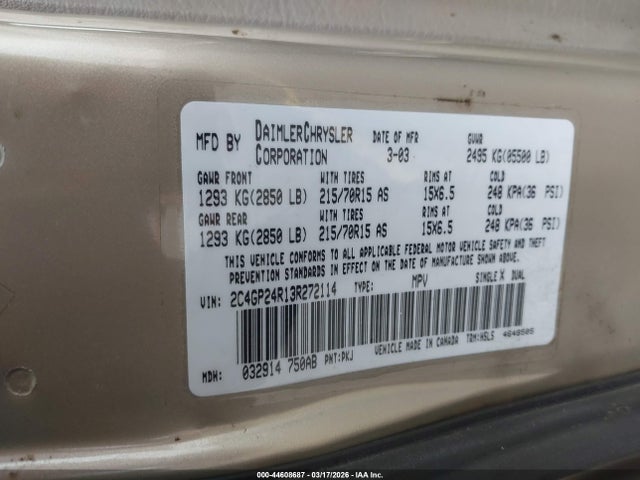 44608687 :رقم المزاد ، 2C4GP24R13R272114 vin ، 2003 Chrysler Town & Country مزاد بيع