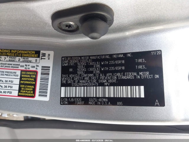 2021 Toyota Highlander Xle მანქანა იყიდება აუქციონზე, vin: 5TDGZRBH4MS069479, აუქციონის ნომერი: 44608688