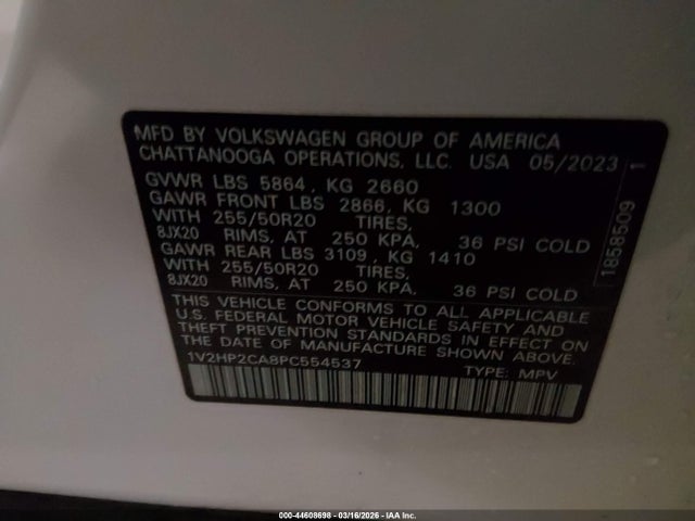 44608698 :رقم المزاد ، 1V2HP2CA8PC554537 vin ، 2023 Volkswagen Atlas 2.0t Se W/technology مزاد بيع