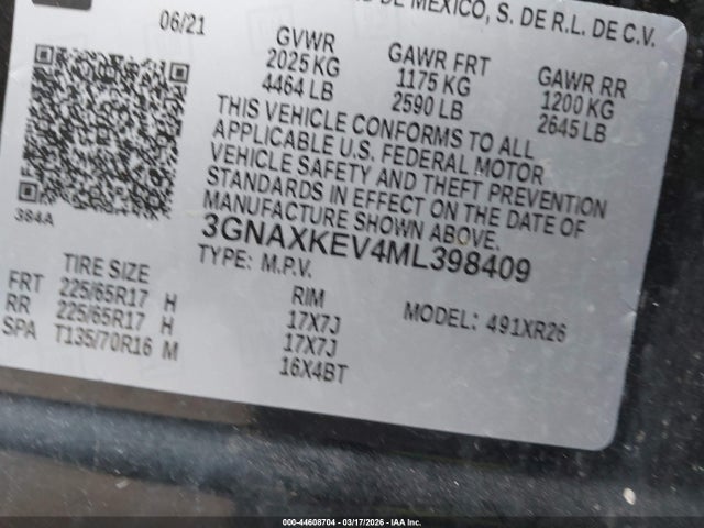2021 Chevrolet Equinox Fwd Lt მანქანა იყიდება აუქციონზე, vin: 3GNAXKEV4ML398409, აუქციონის ნომერი: 44608704
